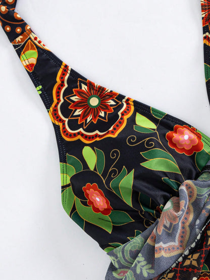 Swim Oasis 2026 Spring/Summer New Plus Size 2-Piece Multi-Color Deep V-Neck Shoulder Strap Asymmetrical Floral Print Design Women's Bikini Set Set Vacation Style Suitable For Beach Holiday