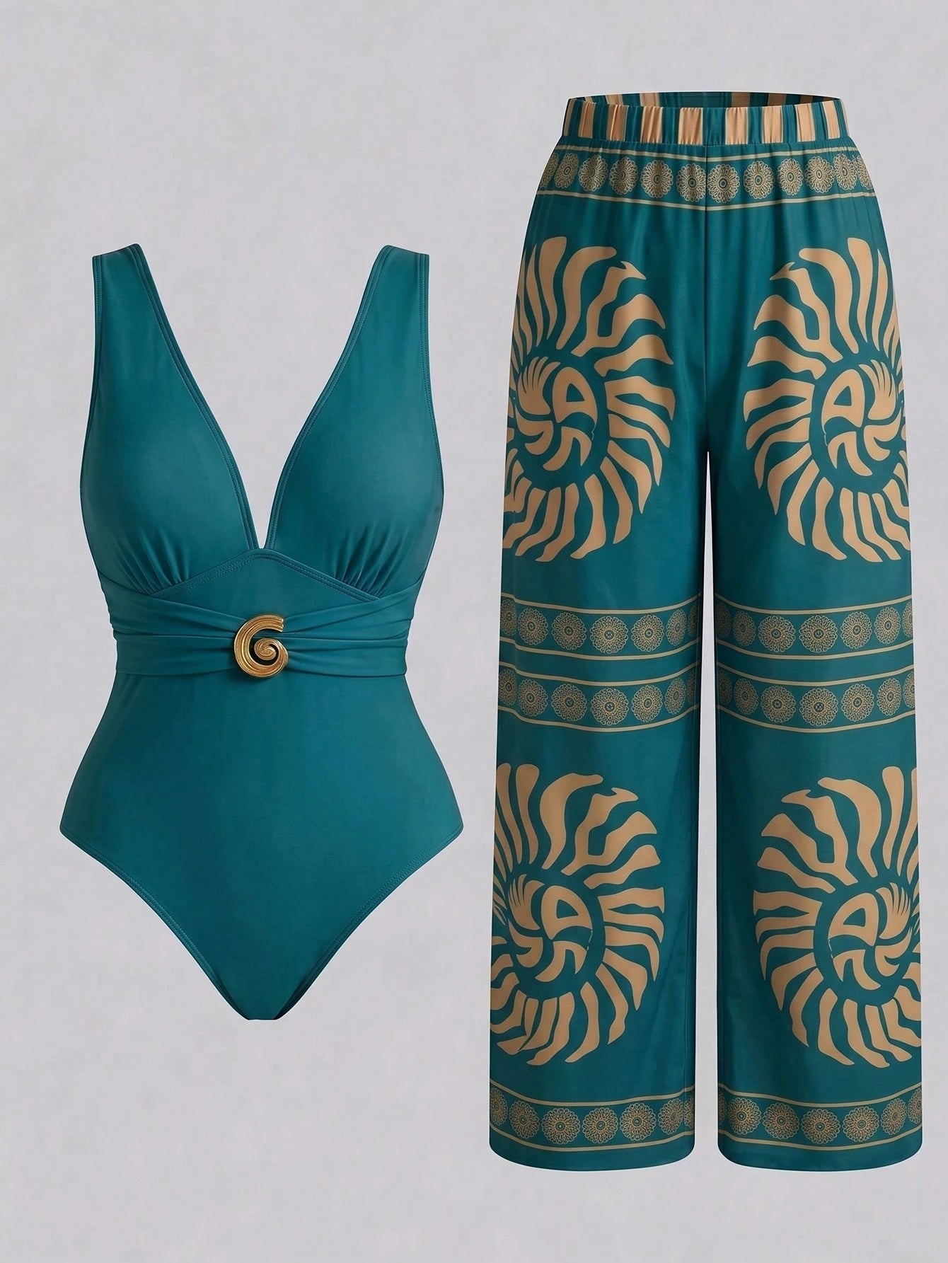 Swim Oasis New Plus Size Women's Tummy Control Slimming Sexy V-Neck One-Piece Mesh One-Piece Swimsuit & Long Pants 2-Piece Swimsuit Set