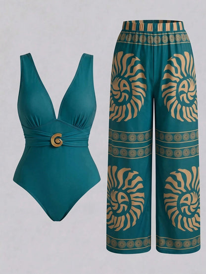 Swim Oasis New Plus Size Women's Tummy Control Slimming Sexy V-Neck One-Piece Mesh One-Piece Swimsuit & Long Pants 2-Piece Swimsuit Set