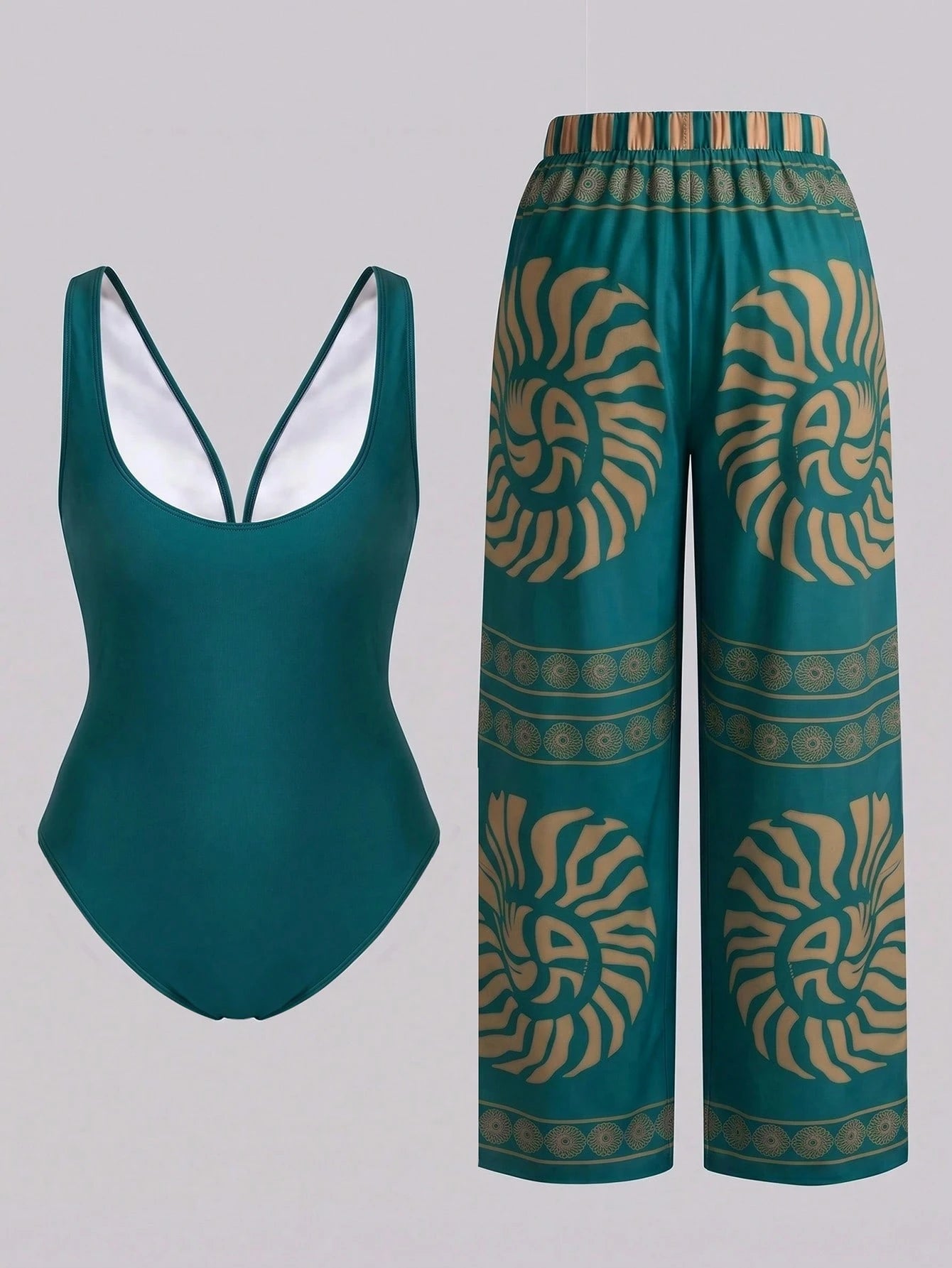 Swim Oasis New Plus Size Women's Tummy Control Slimming Sexy V-Neck One-Piece Mesh One-Piece Swimsuit & Long Pants 2-Piece Swimsuit Set