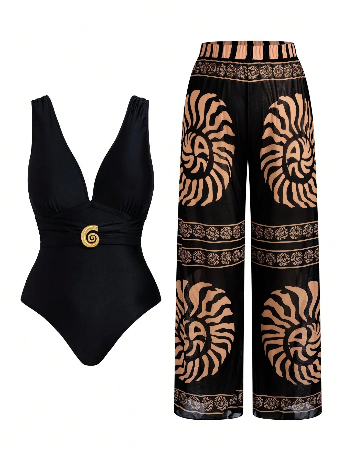 Swim Oasis New Plus Size Women's Tummy Control Slimming Sexy V-Neck One-Piece Mesh One-Piece Swimsuit & Long Pants 2-Piece Swimsuit Set