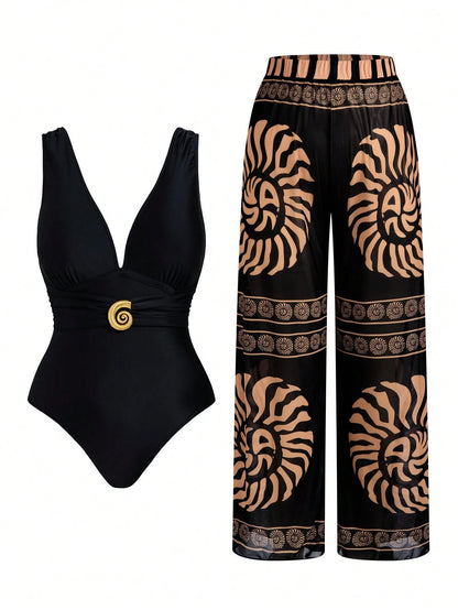 Swim Oasis New Plus Size Women's Tummy Control Slimming Sexy V-Neck One-Piece Mesh One-Piece Swimsuit & Long Pants 2-Piece Swimsuit Set