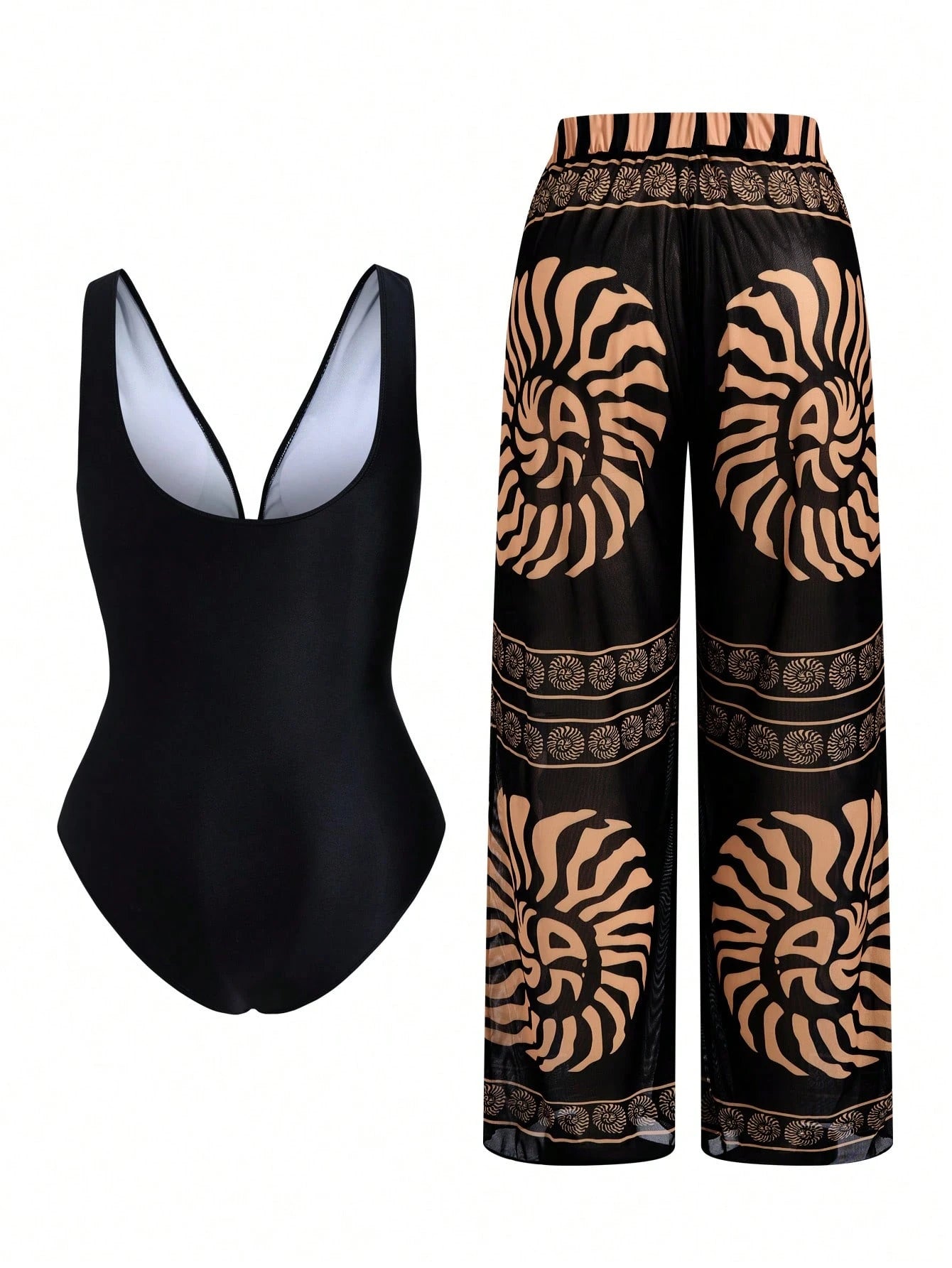 Swim Oasis New Plus Size Women's Tummy Control Slimming Sexy V-Neck One-Piece Mesh One-Piece Swimsuit & Long Pants 2-Piece Swimsuit Set