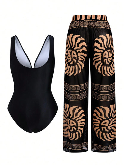 Swim Oasis New Plus Size Women's Tummy Control Slimming Sexy V-Neck One-Piece Mesh One-Piece Swimsuit & Long Pants 2-Piece Swimsuit Set