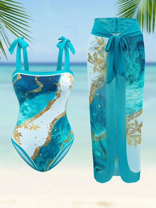 Swim Oasis Plus Size Summer Beach Vacation Beach Marble Print One-Piece Swimsuit With Spaghetti Straps And Cover-Up Two Pieces Set