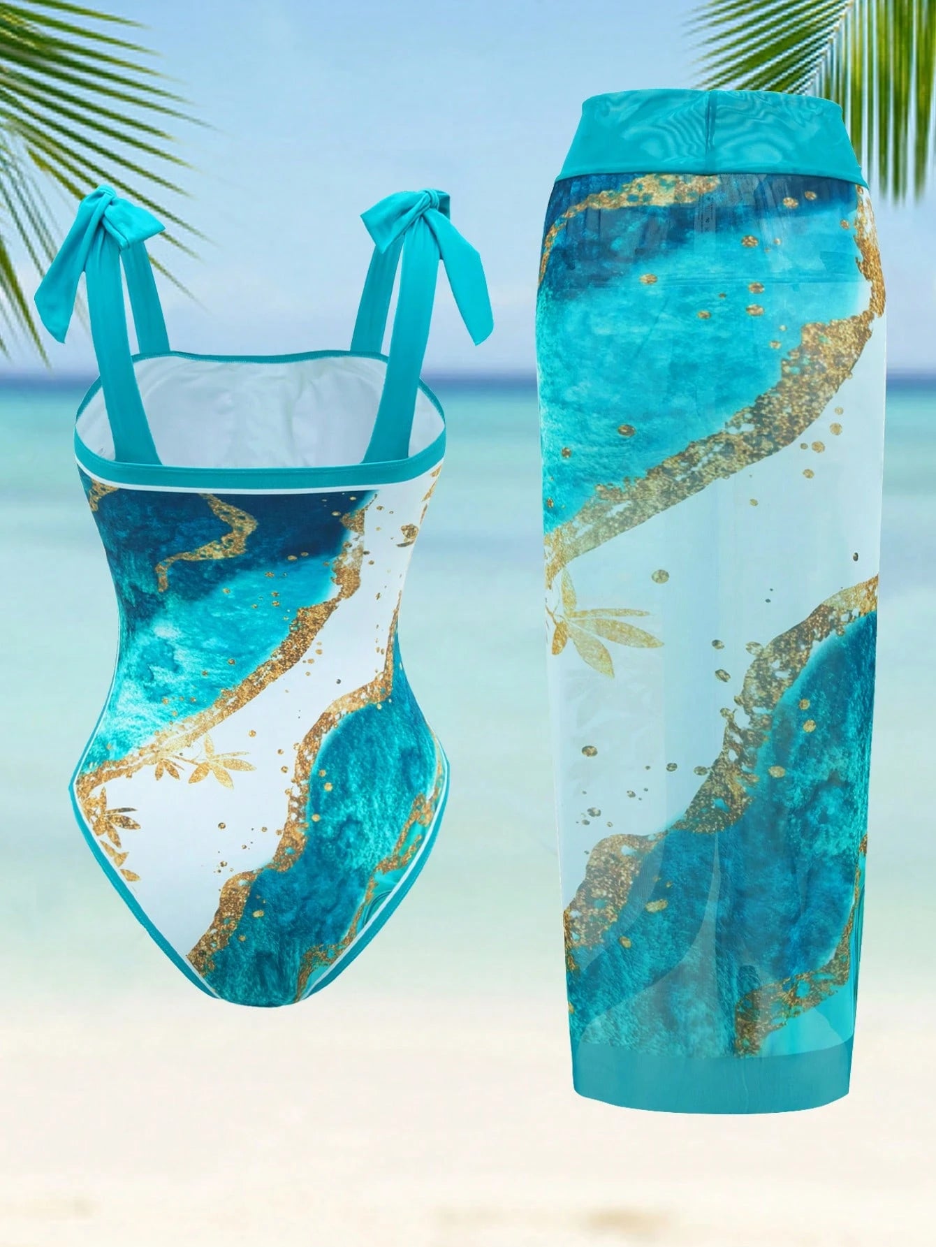 Swim Oasis Plus Size Summer Beach Vacation Beach Marble Print One-Piece Swimsuit With Spaghetti Straps And Cover-Up Two Pieces Set