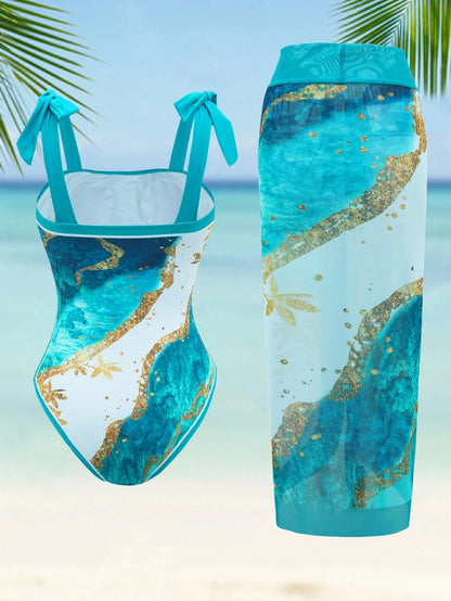 Swim Oasis Plus Size Summer Beach Vacation Beach Marble Print One-Piece Swimsuit With Spaghetti Straps And Cover-Up Two Pieces Set