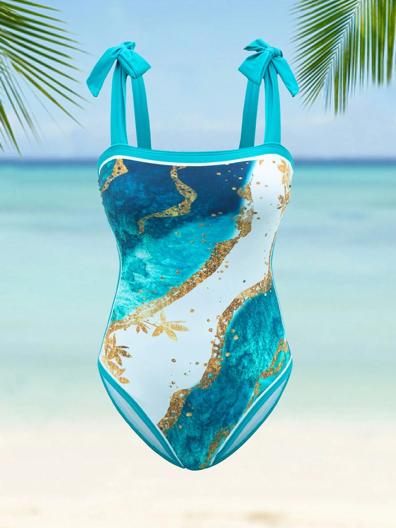 Swim Oasis Plus Size Summer Beach Vacation Beach Marble Print One-Piece Swimsuit With Spaghetti Straps And Cover-Up Two Pieces Set