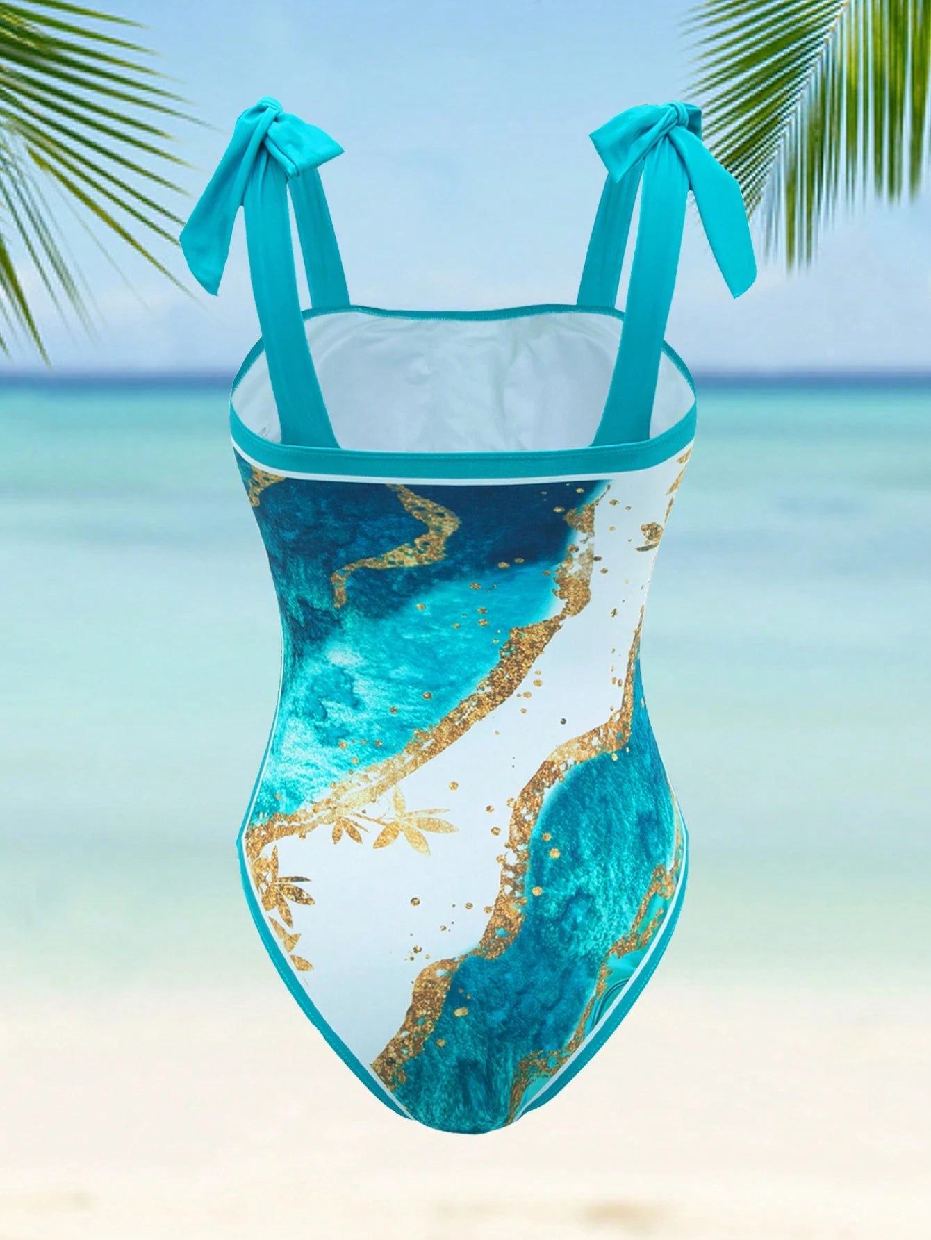 Swim Oasis Plus Size Summer Beach Vacation Beach Marble Print One-Piece Swimsuit With Spaghetti Straps And Cover-Up Two Pieces Set