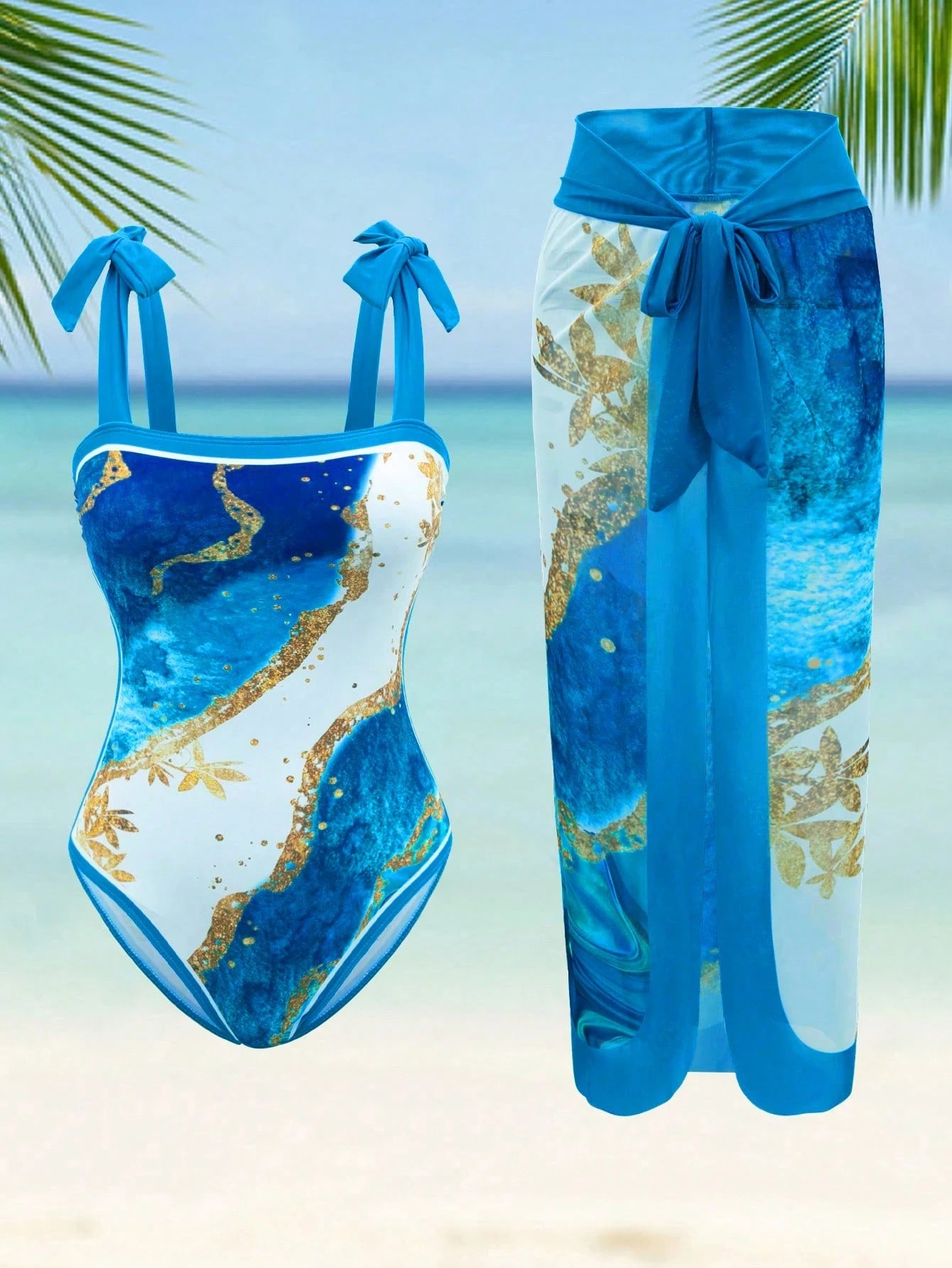 Swim Oasis Plus Size Summer Beach Vacation Beach Marble Print One-Piece Swimsuit With Spaghetti Straps And Cover-Up Two Pieces Set