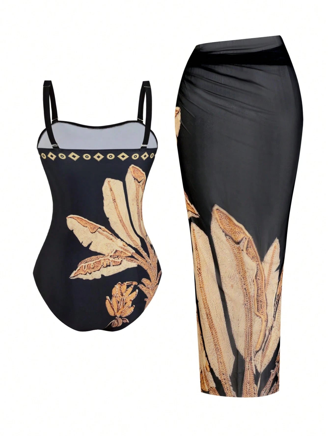 Swim Oasis Plus Size Women 2pcs High-End Black & Gold Banana Leaf Print Bandeau Swimsuit With Mesh Wrap Skirt, Beach Holiday