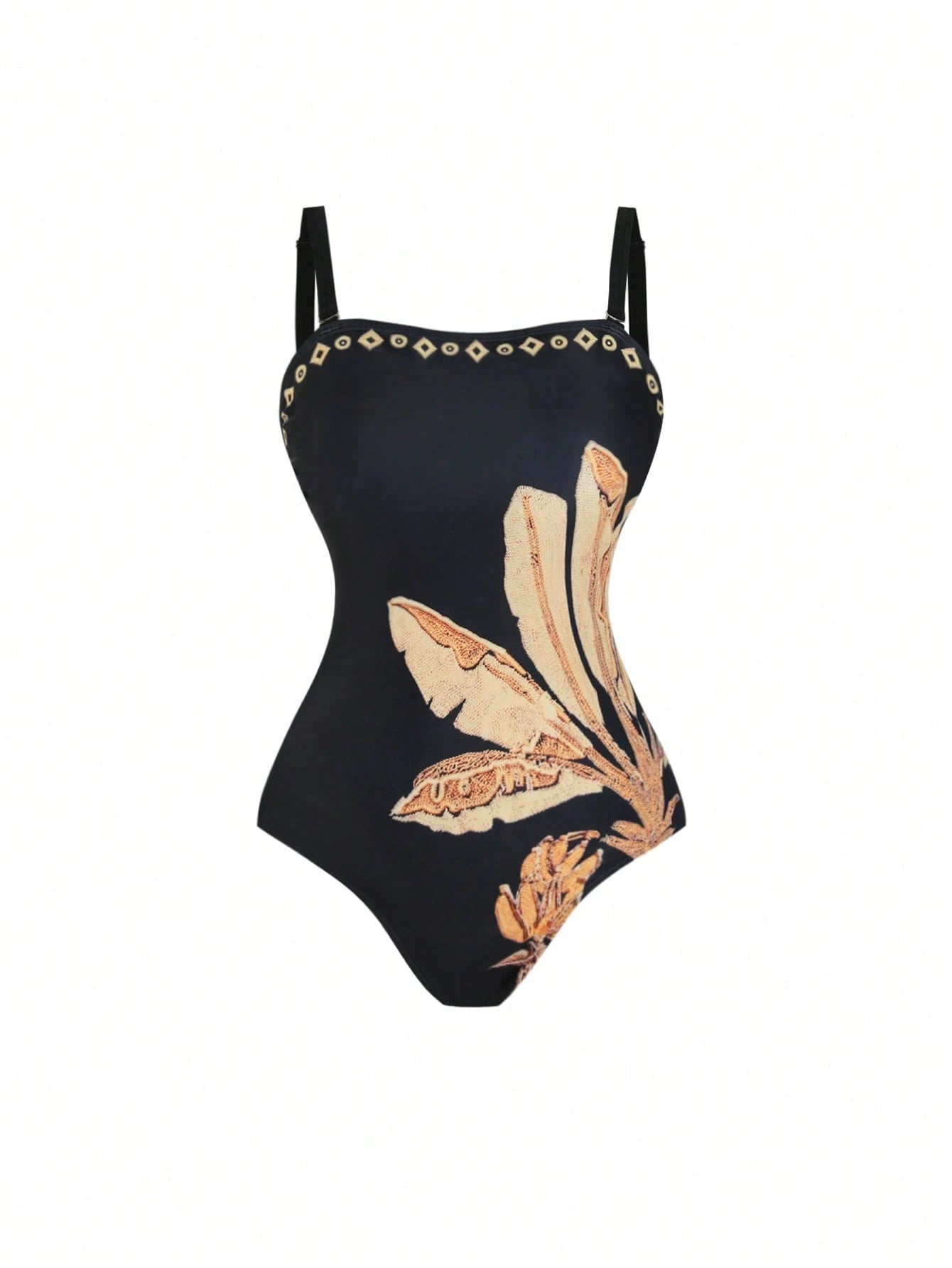 Swim Oasis Plus Size Women 2pcs High-End Black & Gold Banana Leaf Print Bandeau Swimsuit With Mesh Wrap Skirt, Beach Holiday