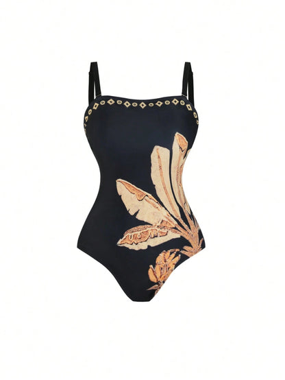 Swim Oasis Plus Size Women 2pcs High-End Black & Gold Banana Leaf Print Bandeau Swimsuit With Mesh Wrap Skirt, Beach Holiday