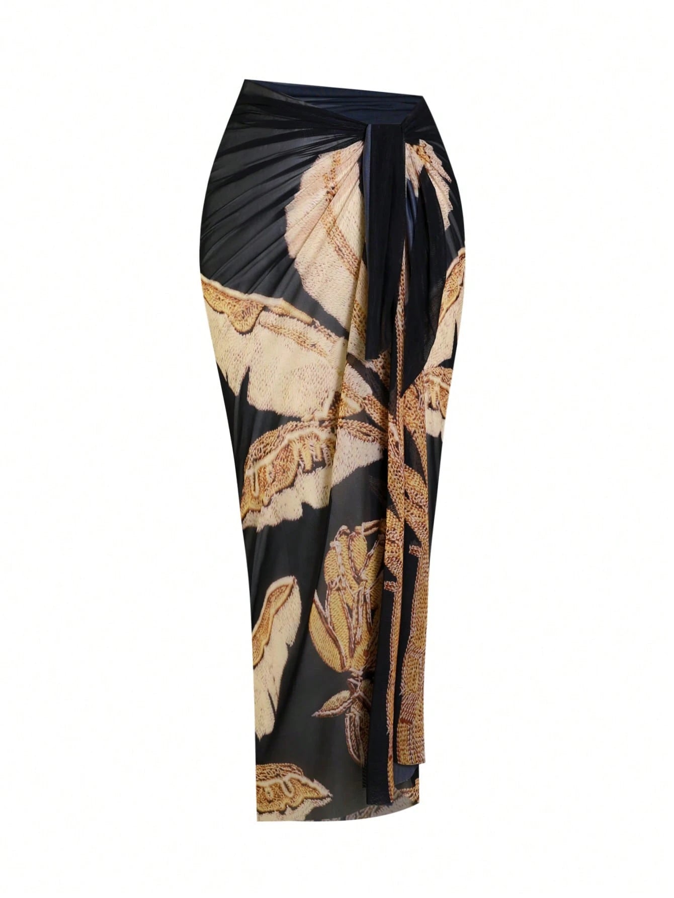 Swim Oasis Plus Size Women 2pcs High-End Black & Gold Banana Leaf Print Bandeau Swimsuit With Mesh Wrap Skirt, Beach Holiday