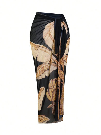 Swim Oasis Plus Size Women 2pcs High-End Black & Gold Banana Leaf Print Bandeau Swimsuit With Mesh Wrap Skirt, Beach Holiday