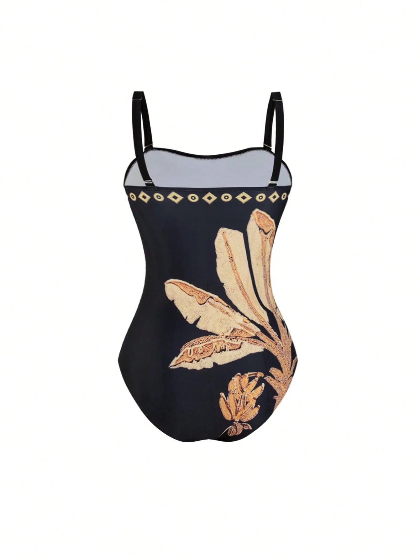 Swim Oasis Plus Size Women 2pcs High-End Black & Gold Banana Leaf Print Bandeau Swimsuit With Mesh Wrap Skirt, Beach Holiday
