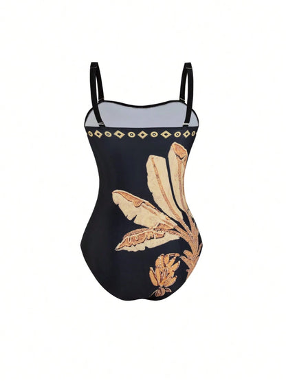Swim Oasis Plus Size Women 2pcs High-End Black & Gold Banana Leaf Print Bandeau Swimsuit With Mesh Wrap Skirt, Beach Holiday