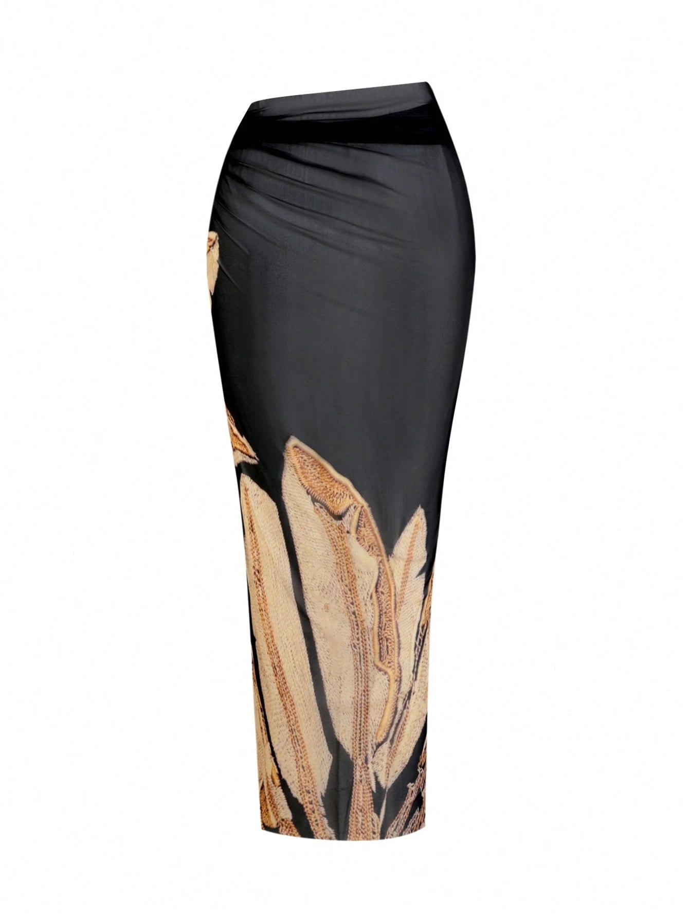 Swim Oasis Plus Size Women 2pcs High-End Black & Gold Banana Leaf Print Bandeau Swimsuit With Mesh Wrap Skirt, Beach Holiday