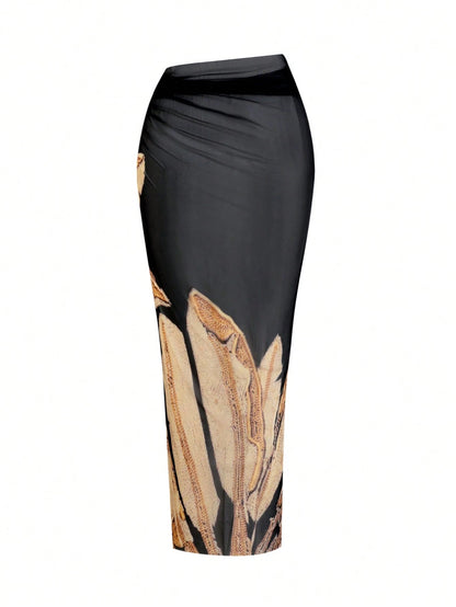 Swim Oasis Plus Size Women 2pcs High-End Black & Gold Banana Leaf Print Bandeau Swimsuit With Mesh Wrap Skirt, Beach Holiday