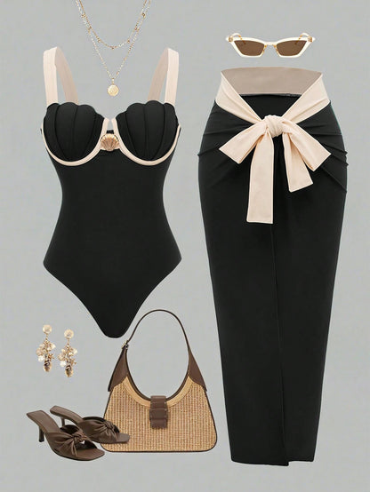 Swim Oasis Women's Black And Beige Elegant Summer Holiday Vacation Holiday Swimsuit,Retro Luxury Metal Shell Decor Halter & Side Tie Skirt 2-Piece One-Piece Swimsuit Set