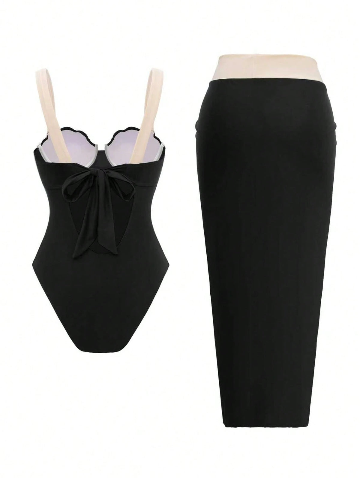 Swim Oasis Women's Black And Beige Elegant Summer Holiday Vacation Holiday Swimsuit,Retro Luxury Metal Shell Decor Halter & Side Tie Skirt 2-Piece One-Piece Swimsuit Set