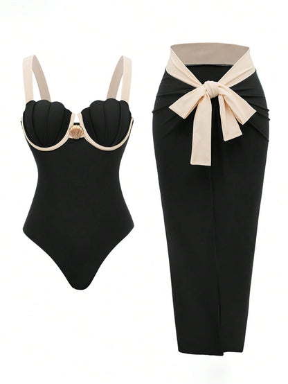 Swim Oasis Women's Black And Beige Elegant Summer Holiday Vacation Holiday Swimsuit,Retro Luxury Metal Shell Decor Halter & Side Tie Skirt 2-Piece One-Piece Swimsuit Set