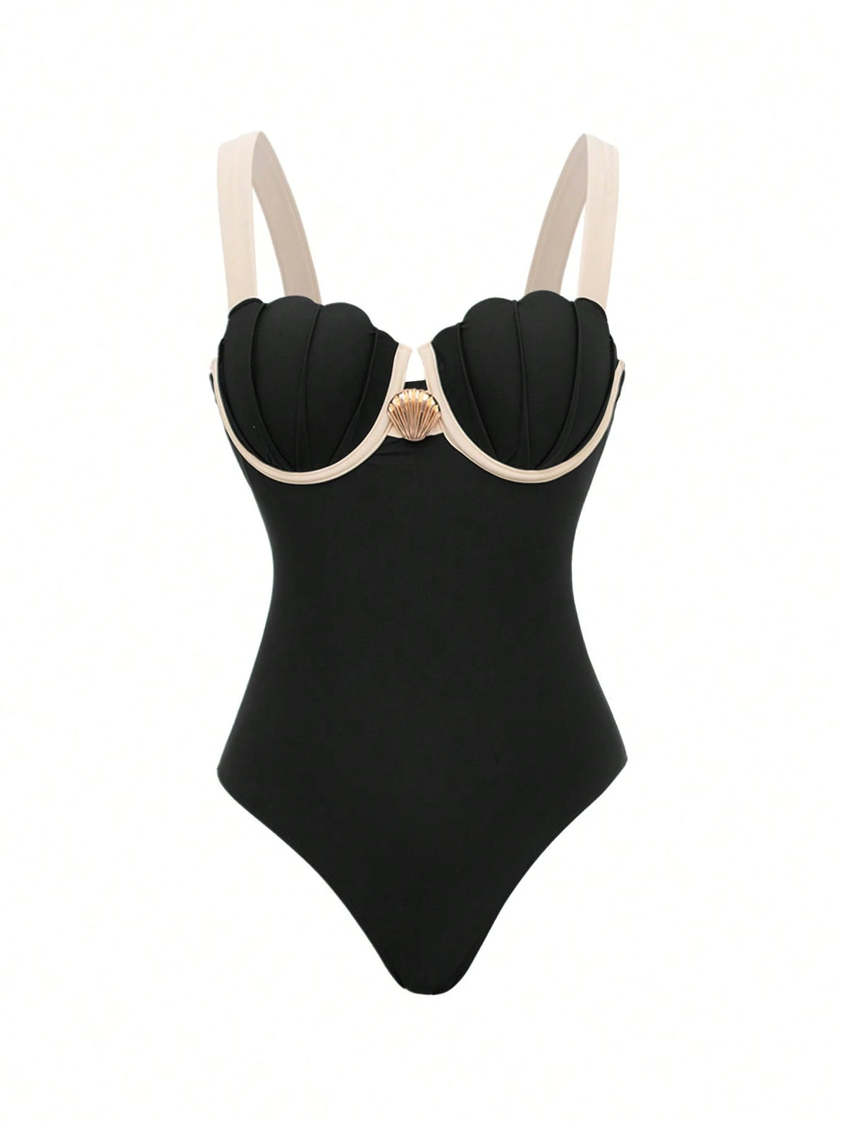 Swim Oasis Women's Black And Beige Elegant Summer Holiday Vacation Holiday Swimsuit,Retro Luxury Metal Shell Decor Halter & Side Tie Skirt 2-Piece One-Piece Swimsuit Set