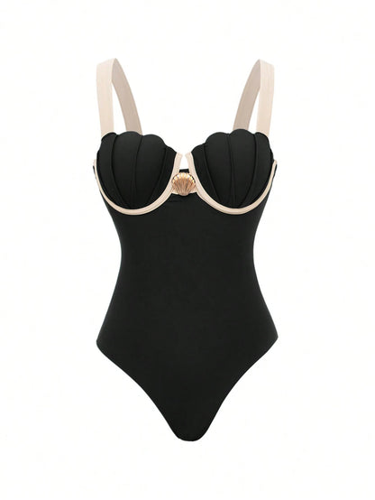 Swim Oasis Women's Black And Beige Elegant Summer Holiday Vacation Holiday Swimsuit,Retro Luxury Metal Shell Decor Halter & Side Tie Skirt 2-Piece One-Piece Swimsuit Set