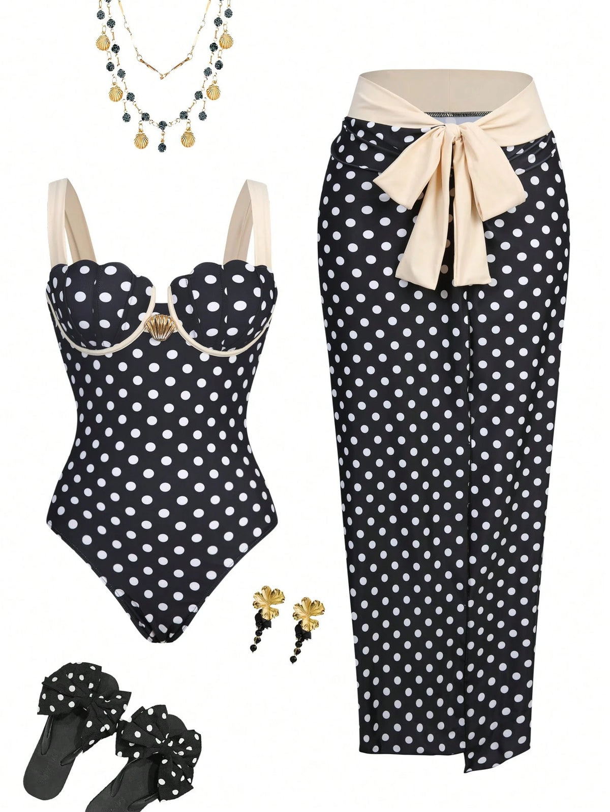 Swim Oasis Women's Black And Beige Elegant Summer Holiday Vacation Holiday Swimsuit,Retro Luxury Metal Shell Decor Halter & Side Tie Skirt 2-Piece One-Piece Swimsuit Set