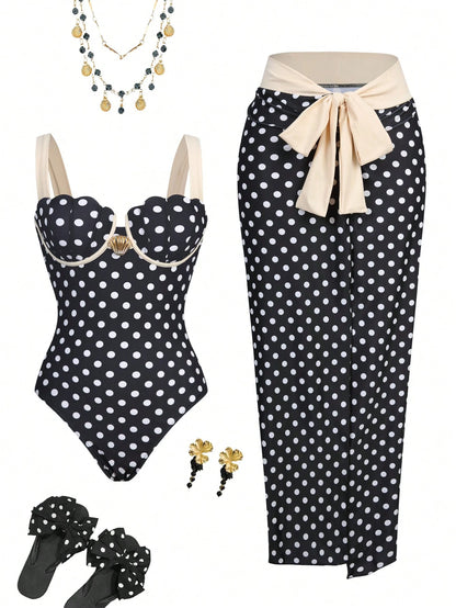Swim Oasis Women's Black And Beige Elegant Summer Holiday Vacation Holiday Swimsuit,Retro Luxury Metal Shell Decor Halter & Side Tie Skirt 2-Piece One-Piece Swimsuit Set