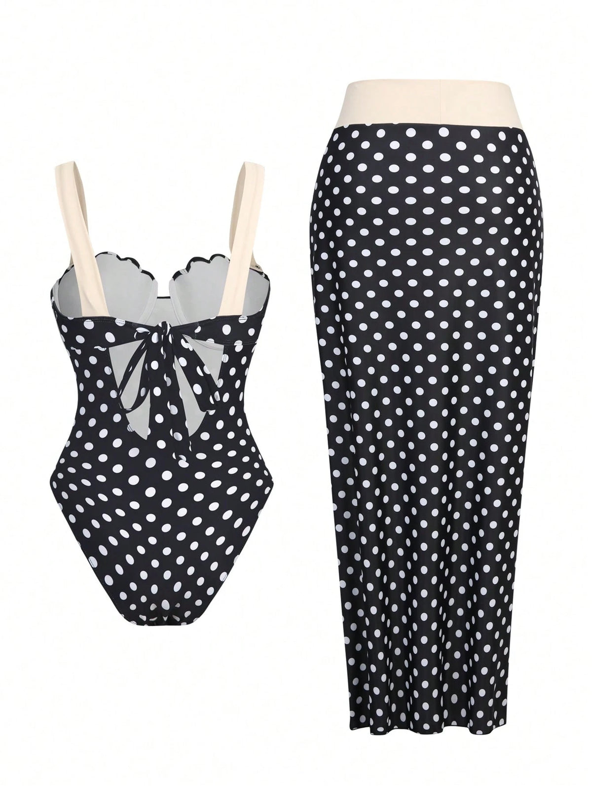 Swim Oasis Women's Black And Beige Elegant Summer Holiday Vacation Holiday Swimsuit,Retro Luxury Metal Shell Decor Halter & Side Tie Skirt 2-Piece One-Piece Swimsuit Set