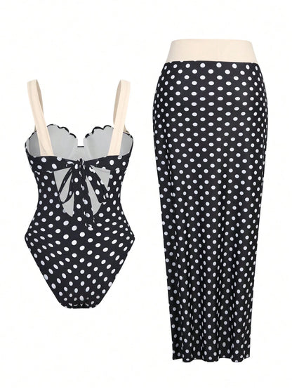 Swim Oasis Women's Black And Beige Elegant Summer Holiday Vacation Holiday Swimsuit,Retro Luxury Metal Shell Decor Halter & Side Tie Skirt 2-Piece One-Piece Swimsuit Set