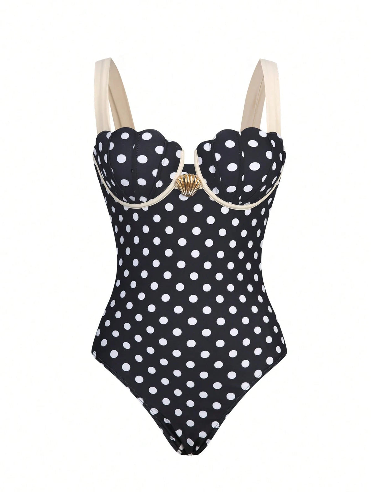 Swim Oasis Women's Black And Beige Elegant Summer Holiday Vacation Holiday Swimsuit,Retro Luxury Metal Shell Decor Halter & Side Tie Skirt 2-Piece One-Piece Swimsuit Set