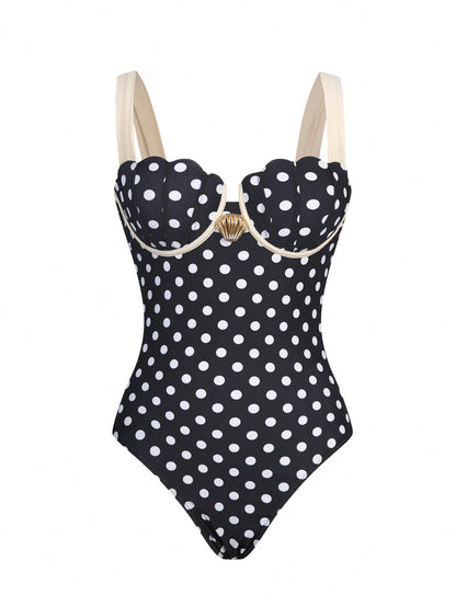Swim Oasis Women's Black And Beige Elegant Summer Holiday Vacation Holiday Swimsuit,Retro Luxury Metal Shell Decor Halter & Side Tie Skirt 2-Piece One-Piece Swimsuit Set