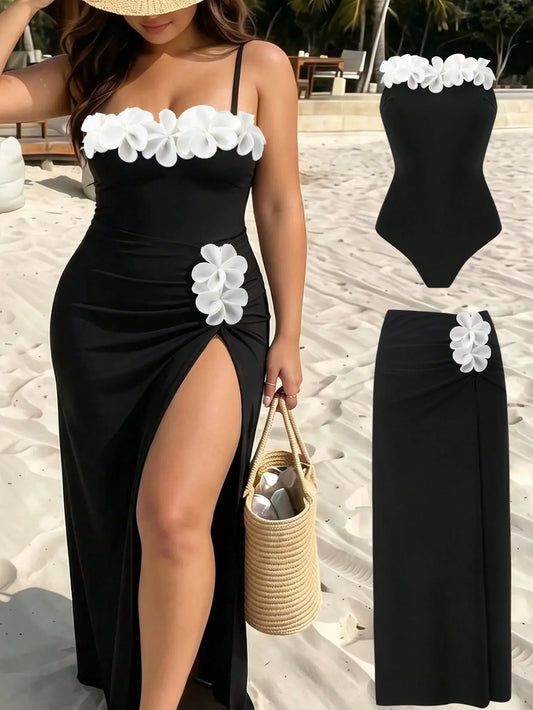 Swim Oasis Women's Black Floral Decorated One-Piece Swimsuit And Mesh Skirt 2 Pieces Set, Summer Beach Wear