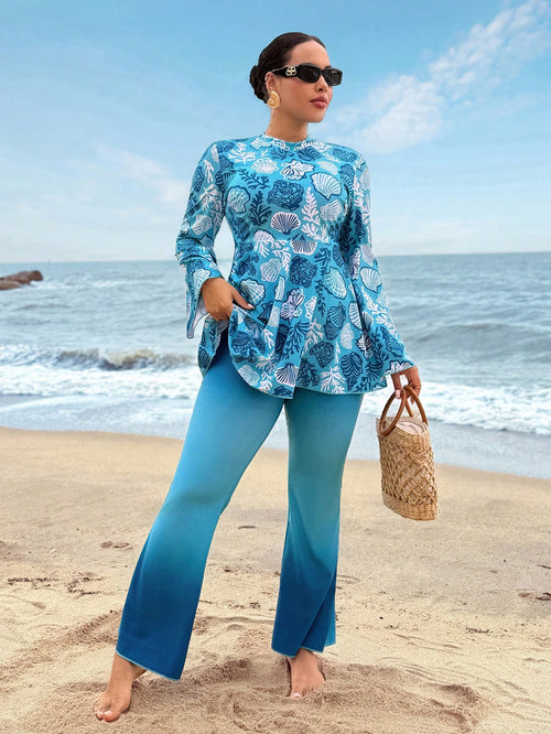 Swim Shayni 2026 New Plus Size Women's Ocean Shell Print Matching Ombre Color Flare Pants 2 Pieces Burkini Set Beach Attire For Women Blouse And Pants