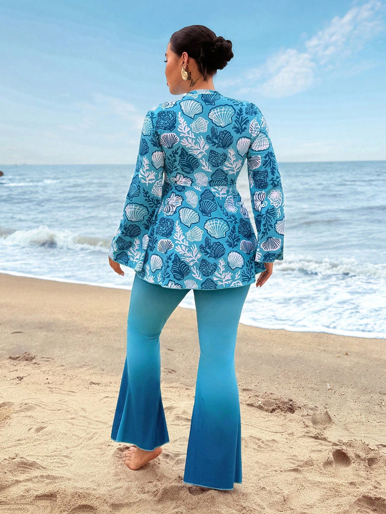 Swim Shayni 2026 New Plus Size Women's Ocean Shell Print Matching Ombre Color Flare Pants 2 Pieces Burkini Set Beach Attire For Women Blouse And Pants