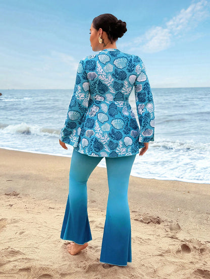 Swim Shayni 2026 New Plus Size Women's Ocean Shell Print Matching Ombre Color Flare Pants 2 Pieces Burkini Set Beach Attire For Women Blouse And Pants