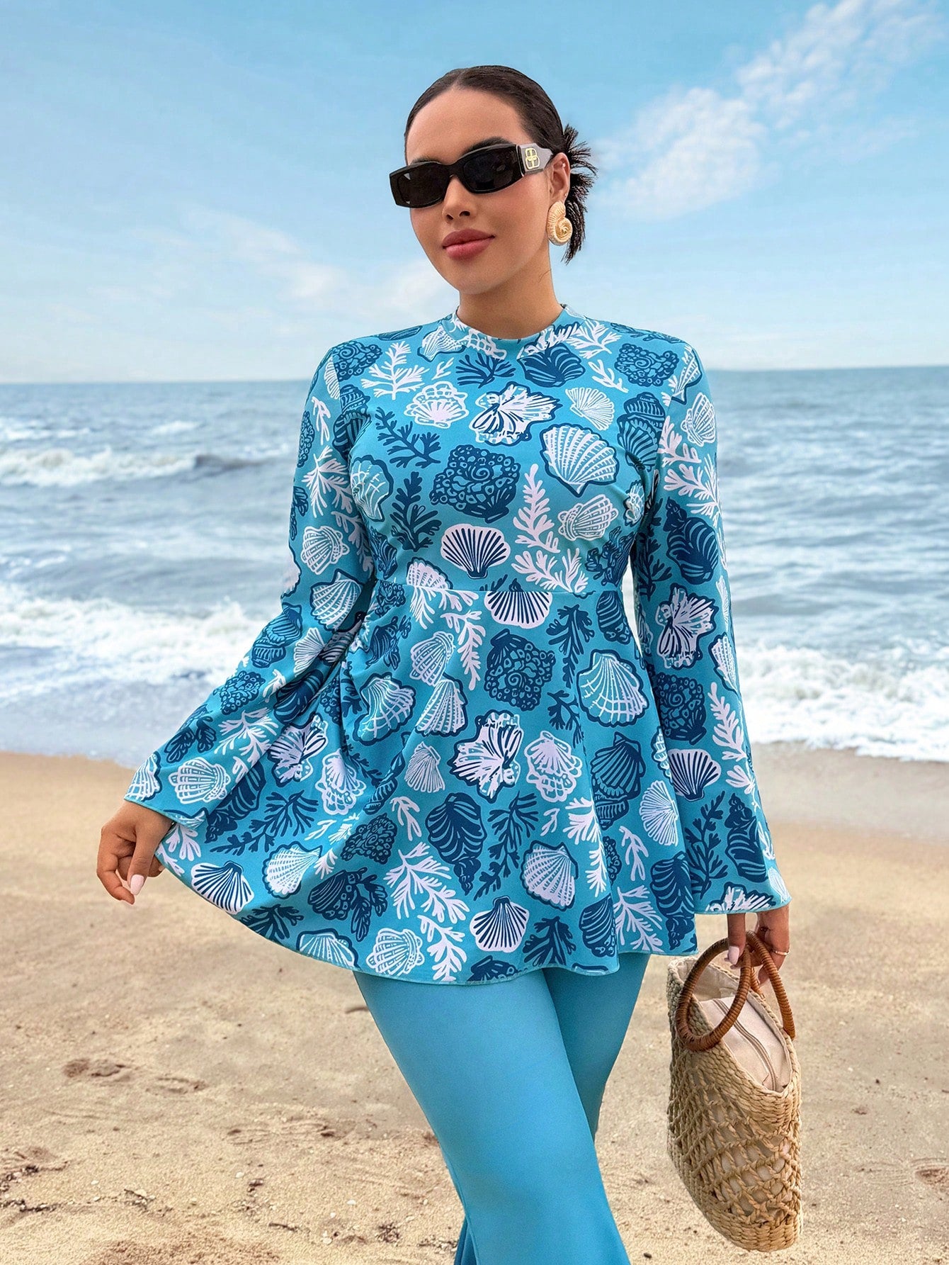 Swim Shayni 2026 New Plus Size Women's Ocean Shell Print Matching Ombre Color Flare Pants 2 Pieces Burkini Set Beach Attire For Women Blouse And Pants