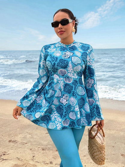 Swim Shayni 2026 New Plus Size Women's Ocean Shell Print Matching Ombre Color Flare Pants 2 Pieces Burkini Set Beach Attire For Women Blouse And Pants