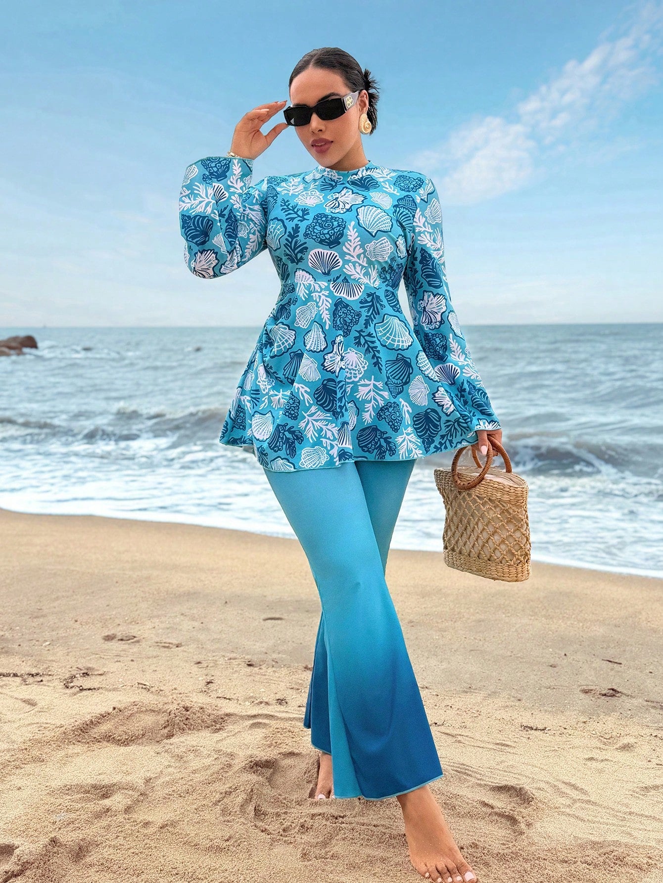 Swim Shayni 2026 New Plus Size Women's Ocean Shell Print Matching Ombre Color Flare Pants 2 Pieces Burkini Set Beach Attire For Women Blouse And Pants