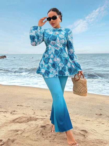 Swim Shayni 2026 New Plus Size Women's Ocean Shell Print Matching Ombre Color Flare Pants 2 Pieces Burkini Set Beach Attire For Women Blouse And Pants
