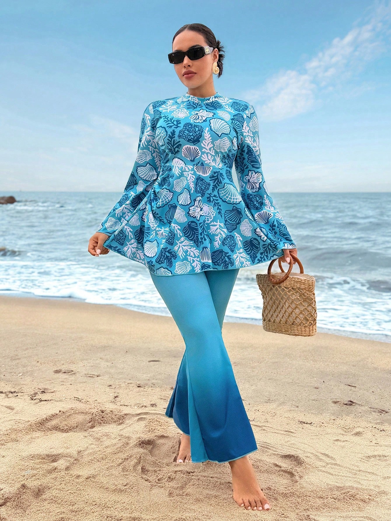 Swim Shayni 2026 New Plus Size Women's Ocean Shell Print Matching Ombre Color Flare Pants 2 Pieces Burkini Set Beach Attire For Women Blouse And Pants