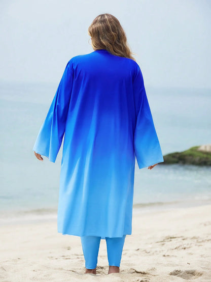 Swim Shayni Plus Size Women's Ombre Print Long Sleeve Maxi Dress & High Waist Pants Swimsuit Set,Sky Blue Elegant Modest Middle East Summer Beach Holiday Fashion