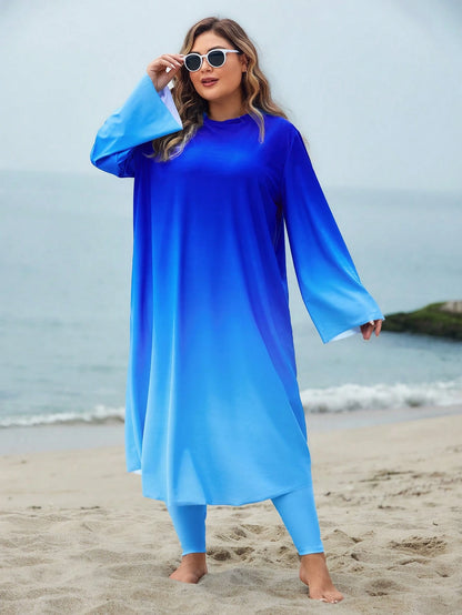Swim Shayni Plus Size Women's Ombre Print Long Sleeve Maxi Dress & High Waist Pants Swimsuit Set,Sky Blue Elegant Modest Middle East Summer Beach Holiday Fashion