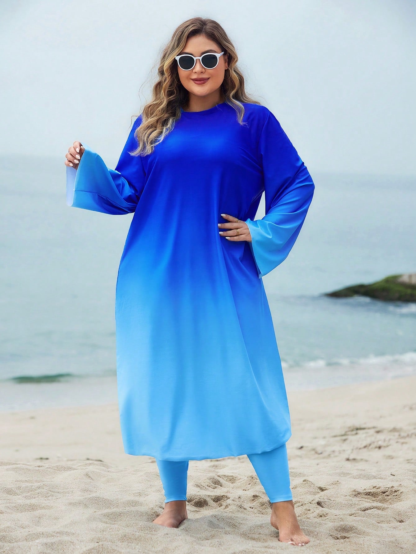Swim Shayni Plus Size Women's Ombre Print Long Sleeve Maxi Dress & High Waist Pants Swimsuit Set,Sky Blue Elegant Modest Middle East Summer Beach Holiday Fashion