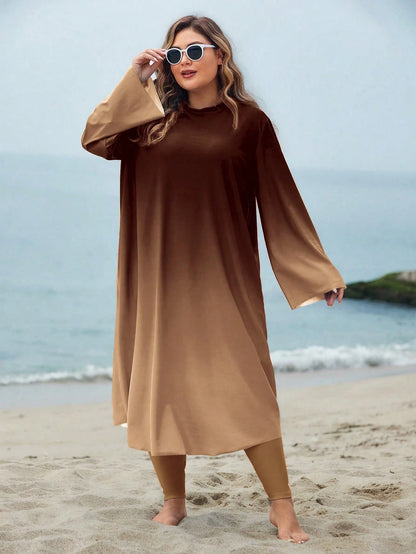 Swim Shayni Plus Size Women's Ombre Print Long Sleeve Maxi Dress & High Waist Pants Swimsuit Set,Sky Blue Elegant Modest Middle East Summer Beach Holiday Fashion
