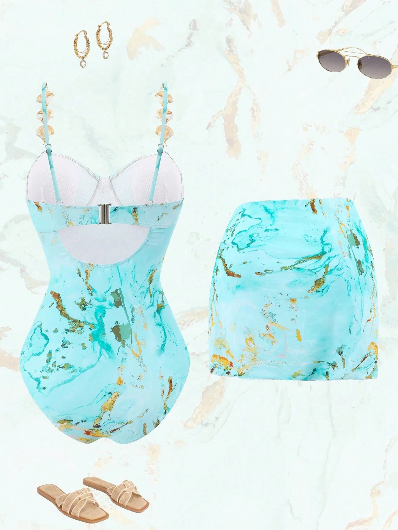 Swim SPRTY 2026 New Women's Plus Size Summer Fashion One-Piece Swimsuit With Skirt Set, Fashionable Print Starfish & Shell Embellishments, Underwire Push-Up Support, Casual Beach Vacation 2-Piece Swim