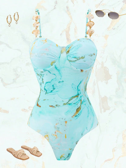 Swim SPRTY 2026 New Women's Plus Size Summer Fashion One-Piece Swimsuit With Skirt Set, Fashionable Print Starfish & Shell Embellishments, Underwire Push-Up Support, Casual Beach Vacation 2-Piece Swim