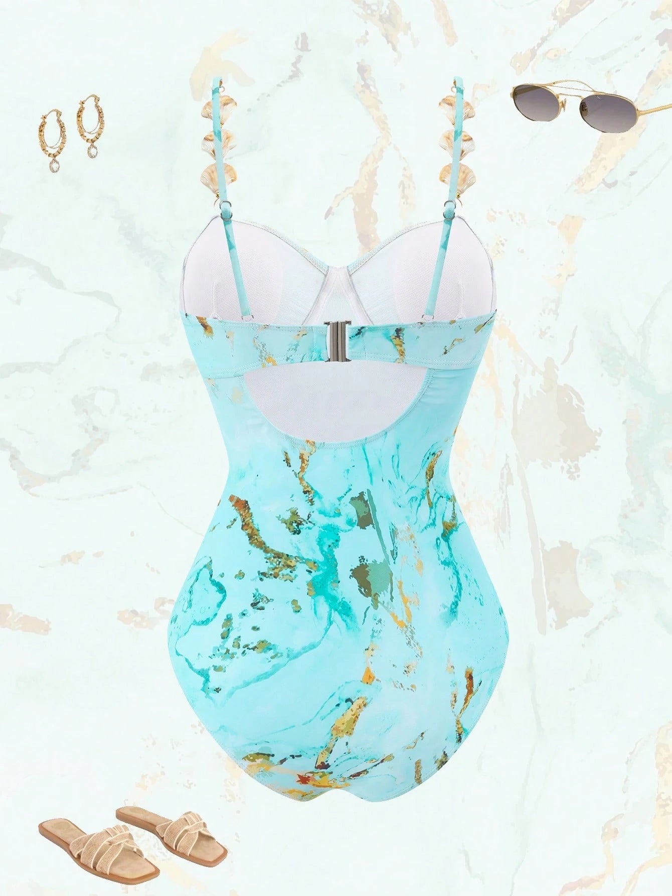 Swim SPRTY 2026 New Women's Plus Size Summer Fashion One-Piece Swimsuit With Skirt Set, Fashionable Print Starfish & Shell Embellishments, Underwire Push-Up Support, Casual Beach Vacation 2-Piece Swim